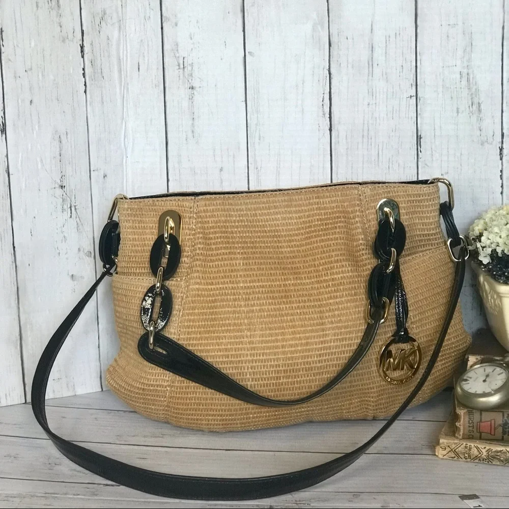 Michael Kors Raffia Textile and Leather Hobo Bag